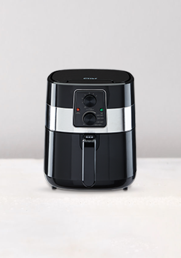 A black air fryer.