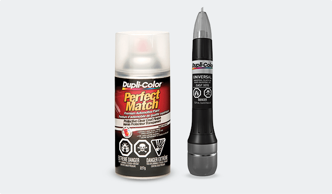An eight-ounce can of Dupli-Color Perfect Match Auto Paint and Dupli-Color Scratch Fix All-In-1 touch-up tool set against a grey background. 