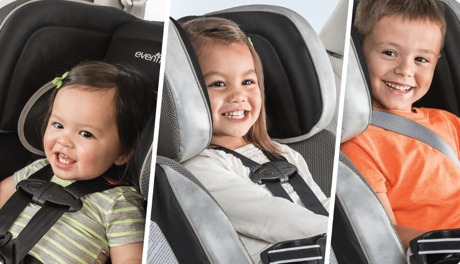 A triple-split-screen image featuring three smiling children of various ages buckled into three different car seats.