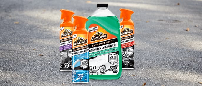 Armor All extreme shield ceramic car wash, extreme shield ceramic glass cleaner, extreme shield ceramic rim, cleaner, extreme shield ceramic tire coating.