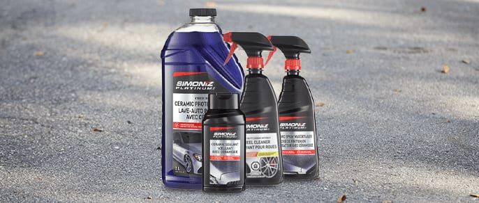 SIMONIZ platinum ceramic car wash, platinum ceramic liquid wax, platinum heavy-duty rim cleaner, Platinum Ceramic Spray Wax.