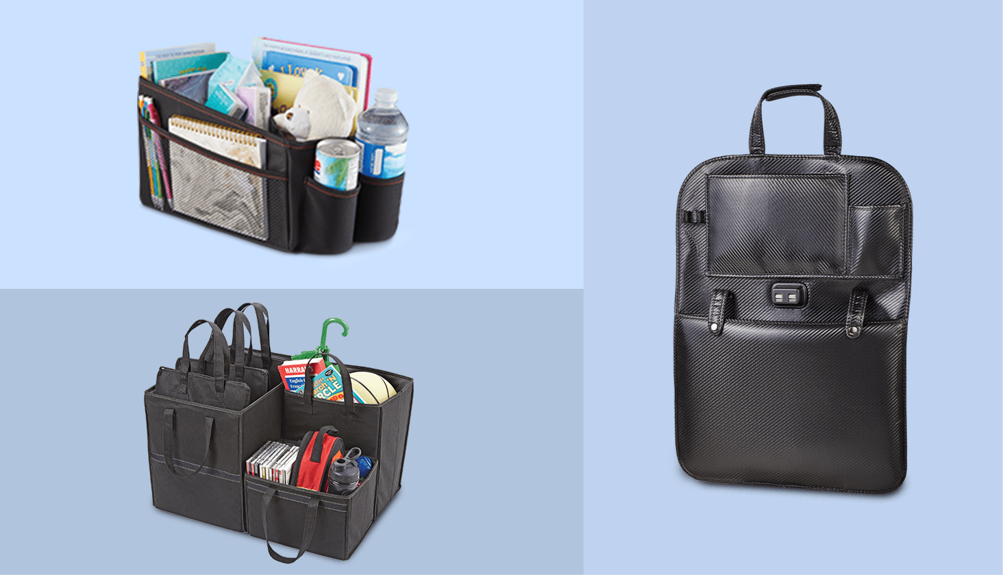 A black AutoTrends Multi-Purpose Car Organizer filled with children’s books, a stuffed toy, and drink containers set against a blue background.