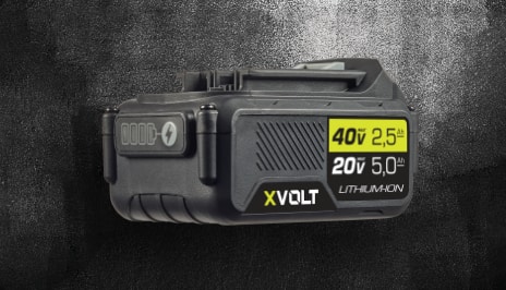A single MAXIMUM XVOLT battery pack against a set against a dark grey and black background. 