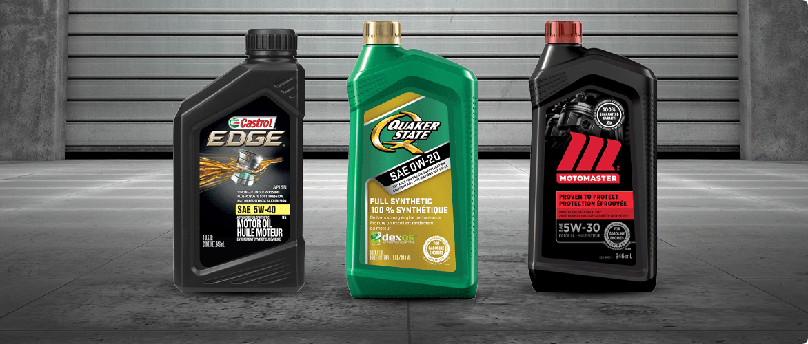 1-litre bottles of Castrol EDGE 5W40 Synthetic Motor Oil, Quaker State Full Synthetic 0W-20 Motor Oil, and MotoMaster 5W30 Conventional Engine Oil.