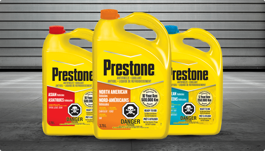 Three bottles of Prestone antifreeze-coolant for Asian, American, and European vehicles. 