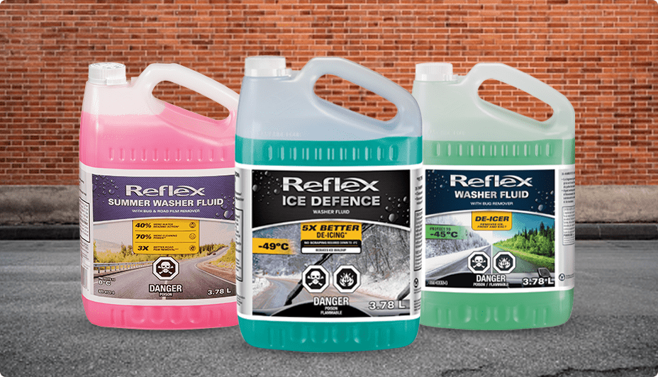 Three bottles of Relfex washer fluid in the summer, ice defence, and all-season varieties.