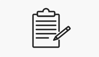 A clipboard icon featuring an illustration of a pencil and lines representing text. 
