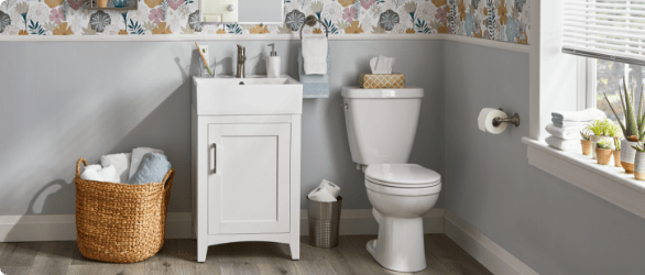 A bathroom with a single sink vanity.