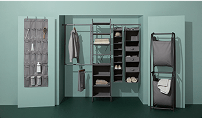 Accessory organizer, type A Ease closet system and two-tier laundry sorter.
