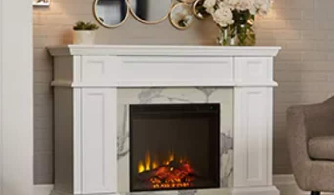 White marble electric fireplace with circle mirrors on wall