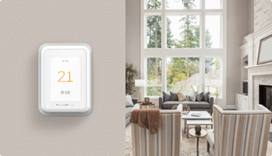  Smart thermostat showing indoor temperature at 21 degrees Celsius and outdoor temperature at 16 degrees.