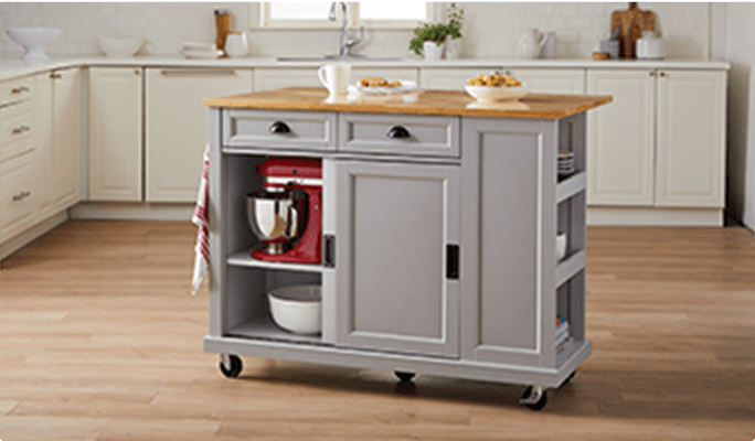 Canvas Olsen kitchen island with leaf in grey with natural wood countertop and casters.