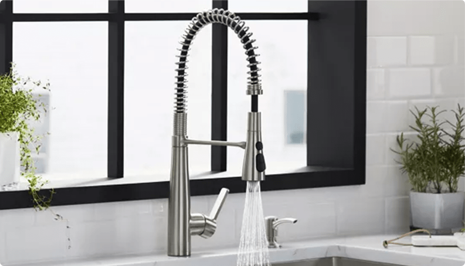 A pull-down one-handle kitchen faucet.