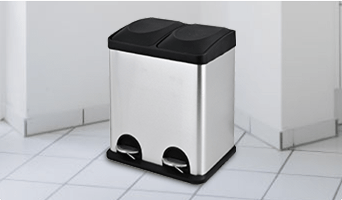 A two-compartment step kitchen garbage can.