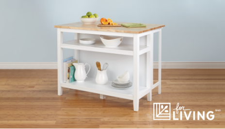 Kitchen island with storage shelves.