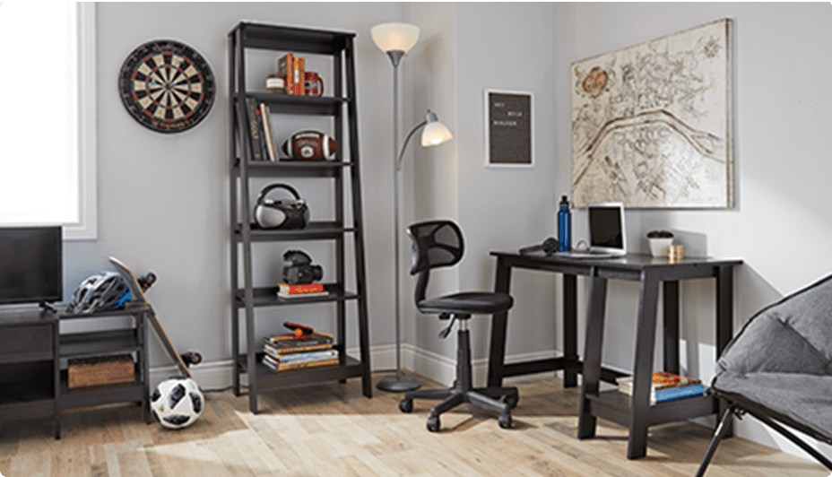 Desk, desk chair, and bookshelf in a home office setting