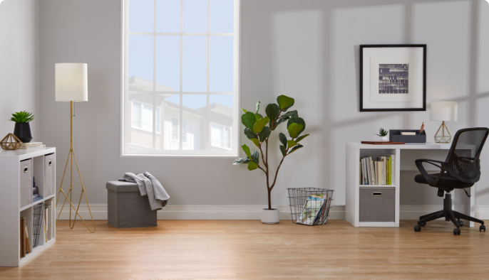 Home office room with desk and black chair, window, plant, and bookshelf 