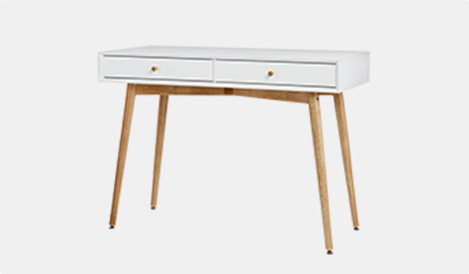 Bureau blanc avec pattes en bois et deux tiroirs