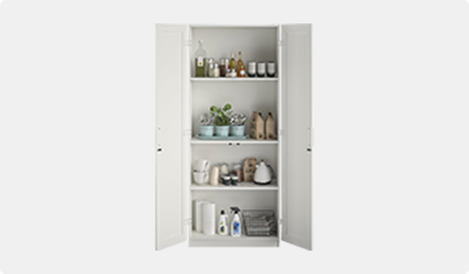 White storage cabinet with three shelves stocked