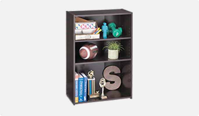 Bookcase shelf with books, football, plant, and trophies