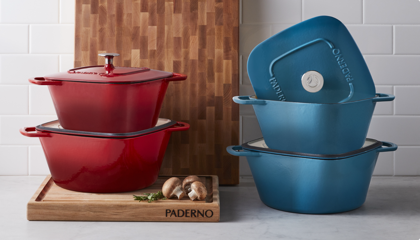 Cast iron cookware in vibrant colours. 