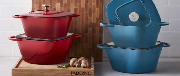 Cast iron cookware in attractive colours. 
