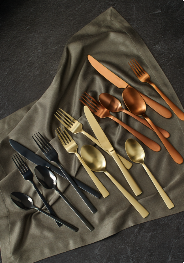 Stainless steel forks, knives and spoons in attractive finishes.