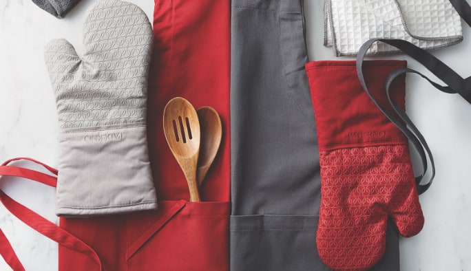 Aprons, oven mitts and dishcloths.