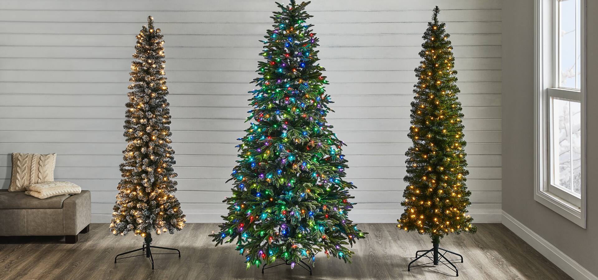 Three Christmas trees in k3 sizes lit up on display.