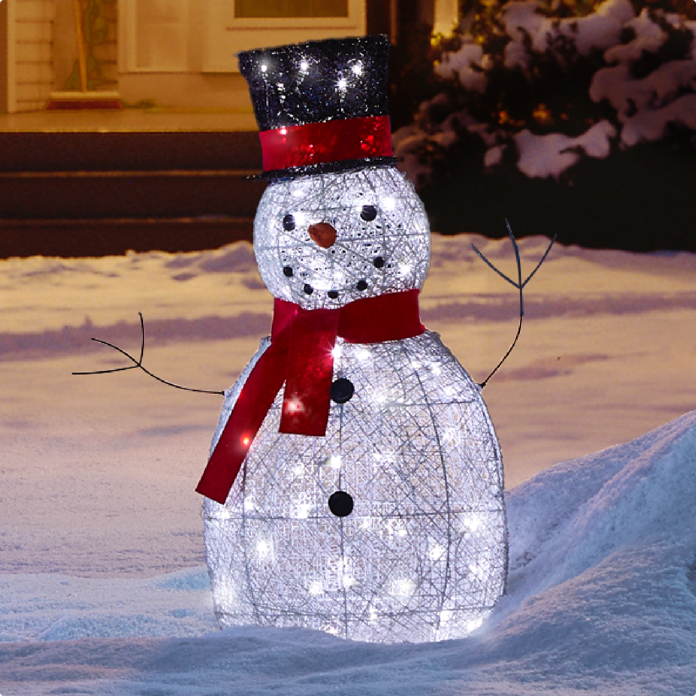 CANVAS LED 3-ft Arctic White Snowman with black top hat on a snowy front lawn.