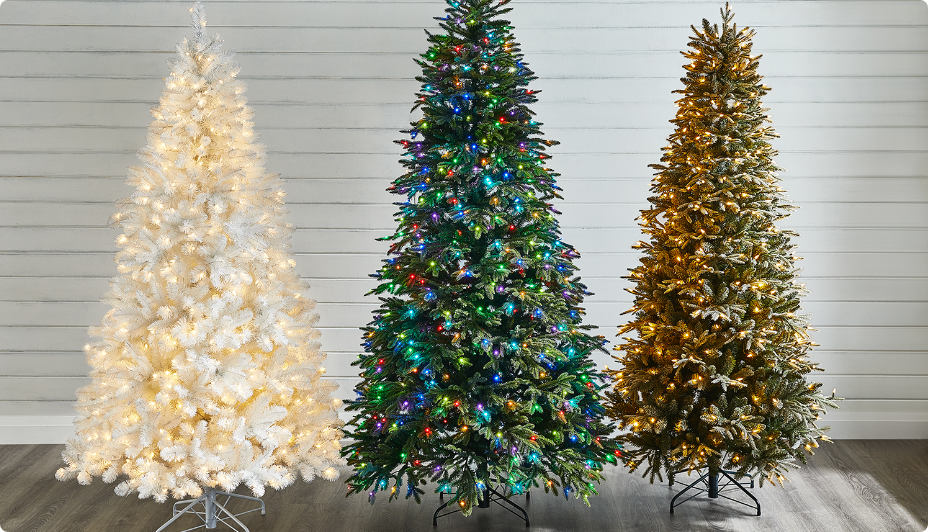 Three Canvas Christmas trees in white, multicolour and white glowing lights.