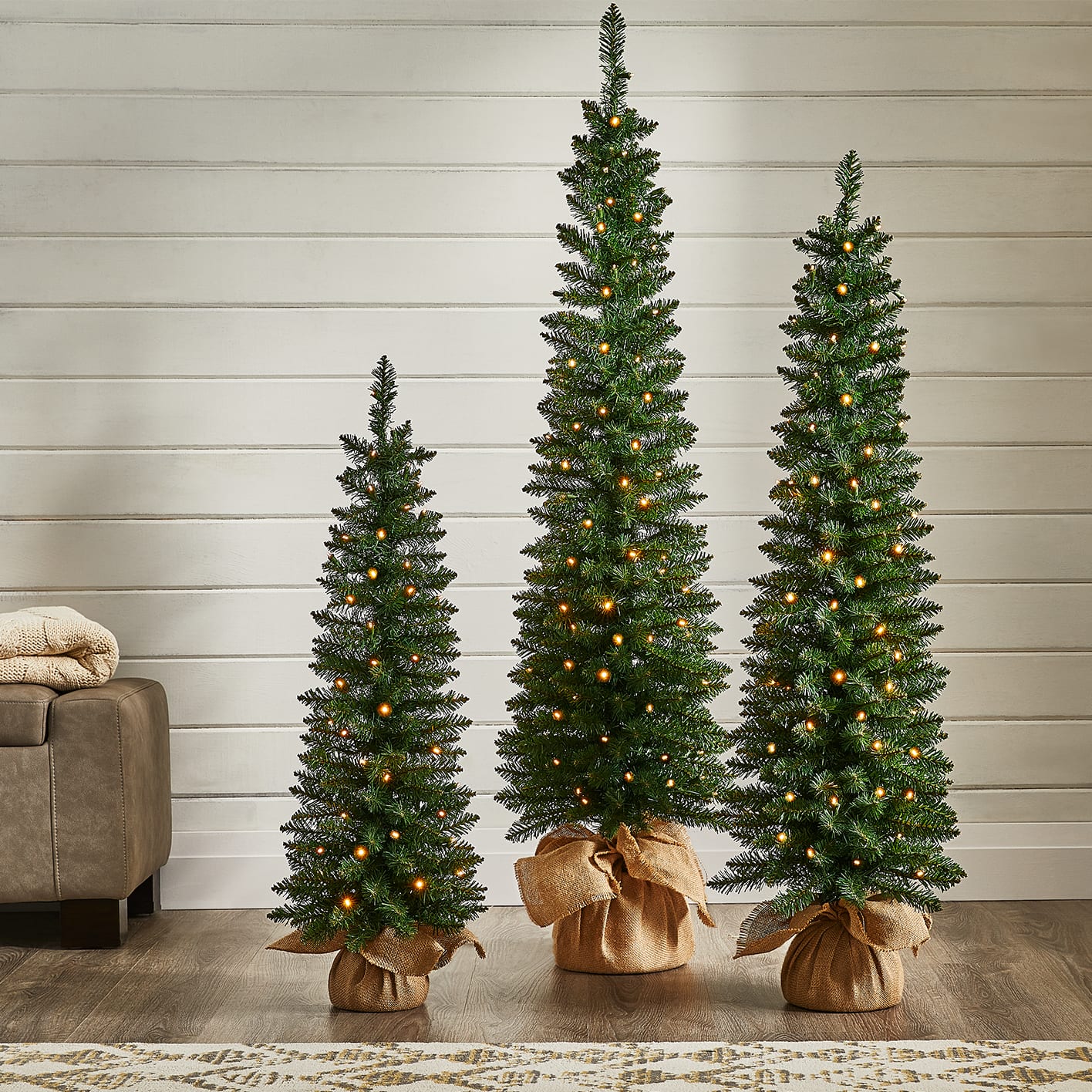 NOMA Carlisle 3-Pack tree with different heights displayed on a living room floor.