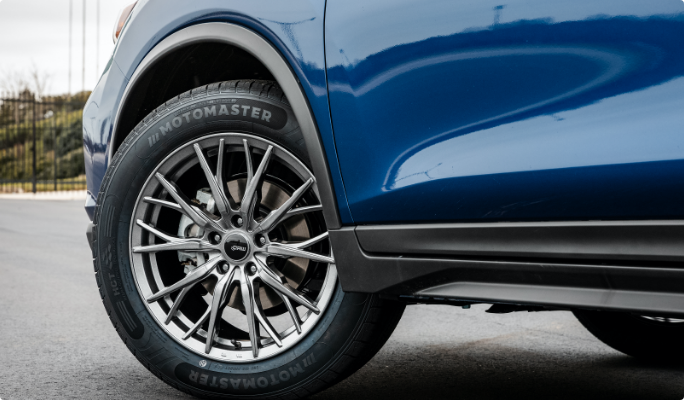 Gros plan d'un pneu MotoMaster toute saison sur un véhicule bleu
