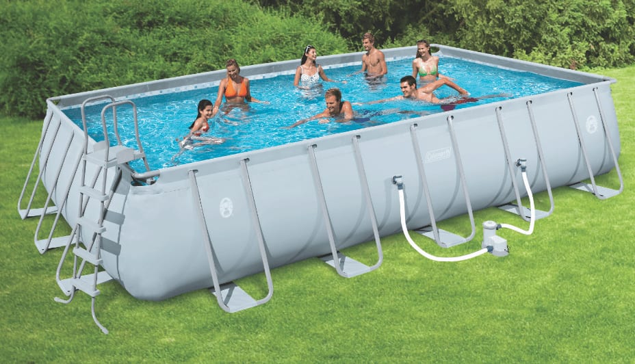A family enjoys their large above ground Coleman brand pool.