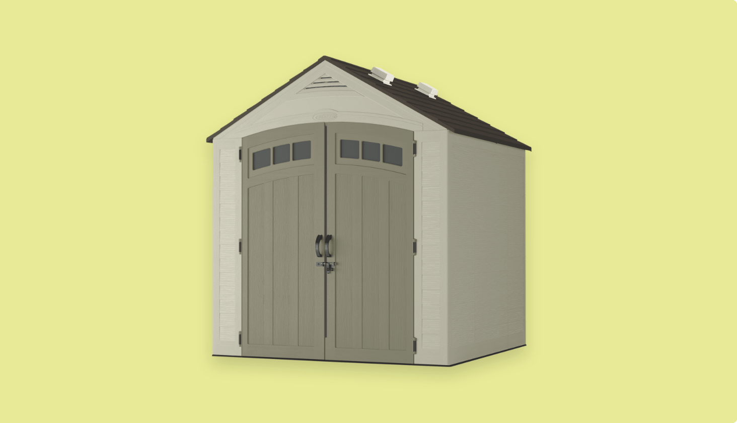 A brown-and-beige seven-foot-by-seven-foot Suncast Vista Resin Storage Shed on a yellow background.