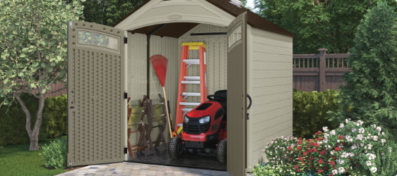 Outdoor storage shed with open doors.