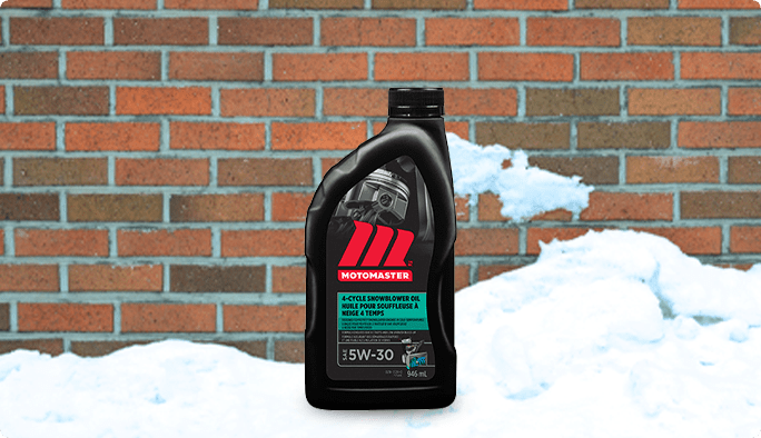 A black 946-mL bottle of MotoMaster 4-Cycle Lawnmower Engine Oil set against a white background. 