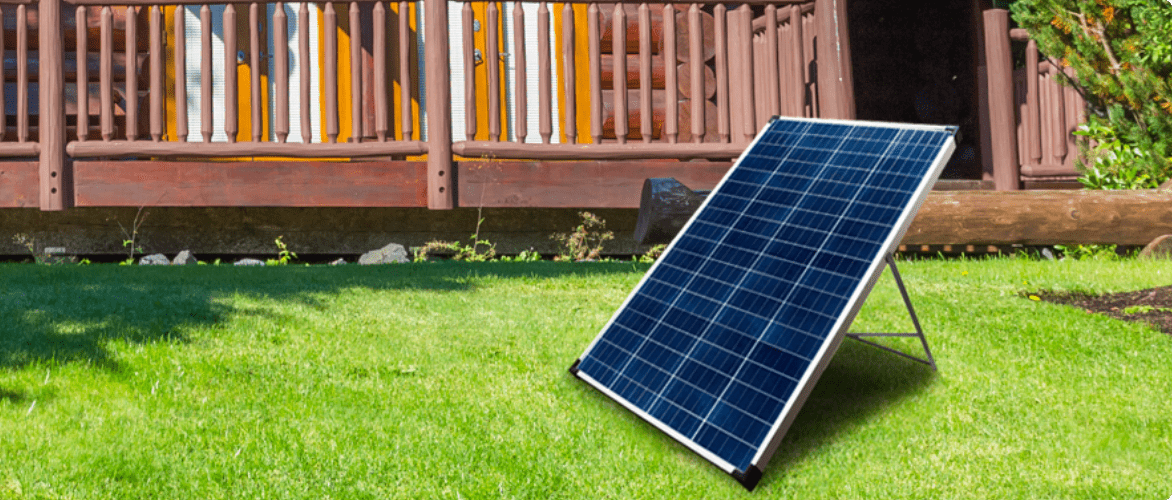 Solar Panel propped on a stand on a lawn.