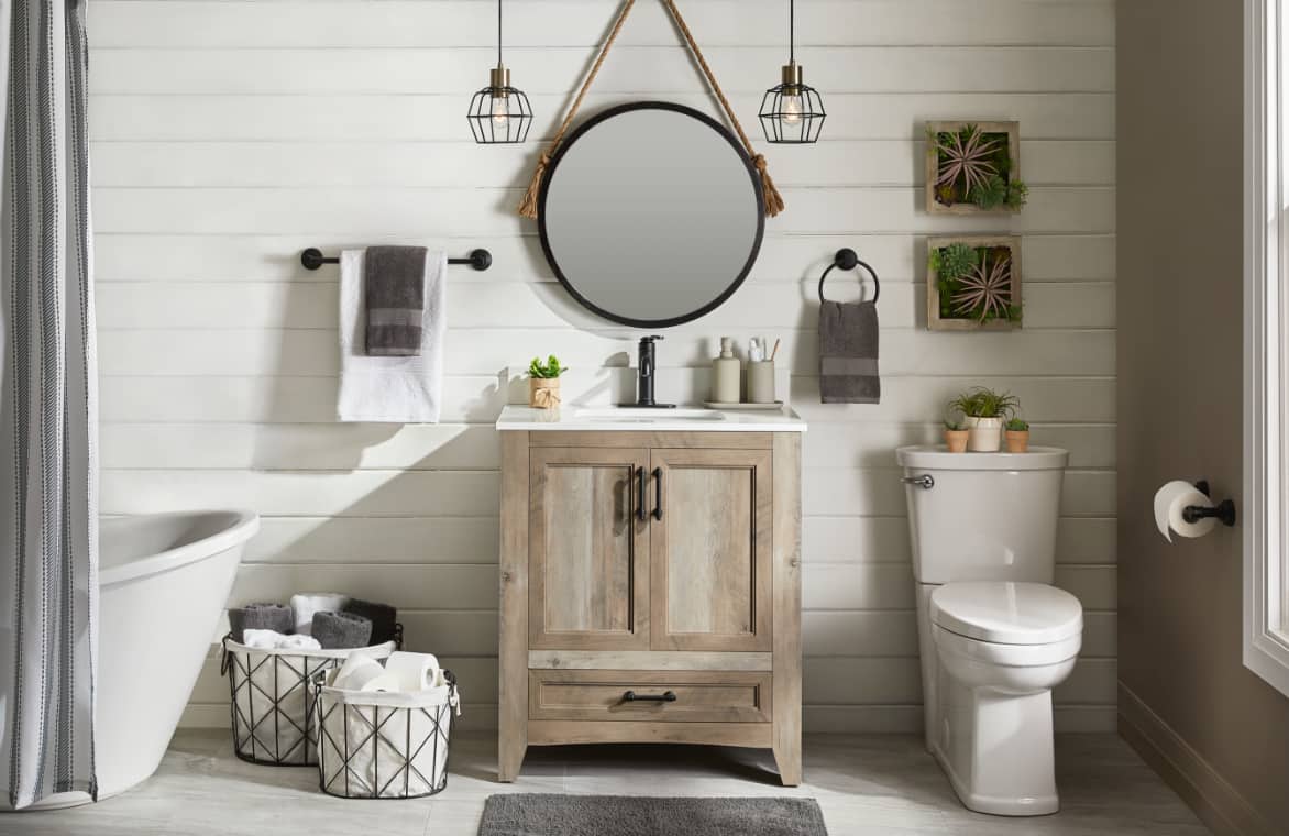 A beautiful rustic style wooden vanity in a stylish bathroom. 