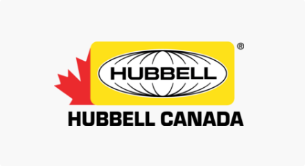 The Hubbell logo: A black “HUBBELL” wordmark inside a white globe-shape on a yellow background.