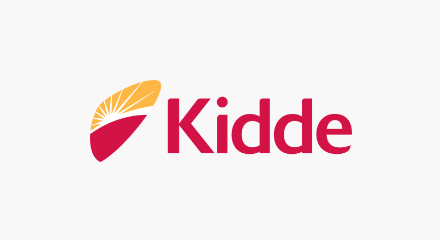 Le logo Kidde : un lever du soleil stylisé orange et blanc dans un bouclier rouge à la gauche du mot « Kidde » en rouge.
