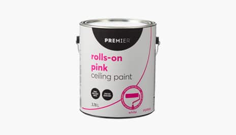 A can of Premier Rolls-on-Pink ceiling paint.