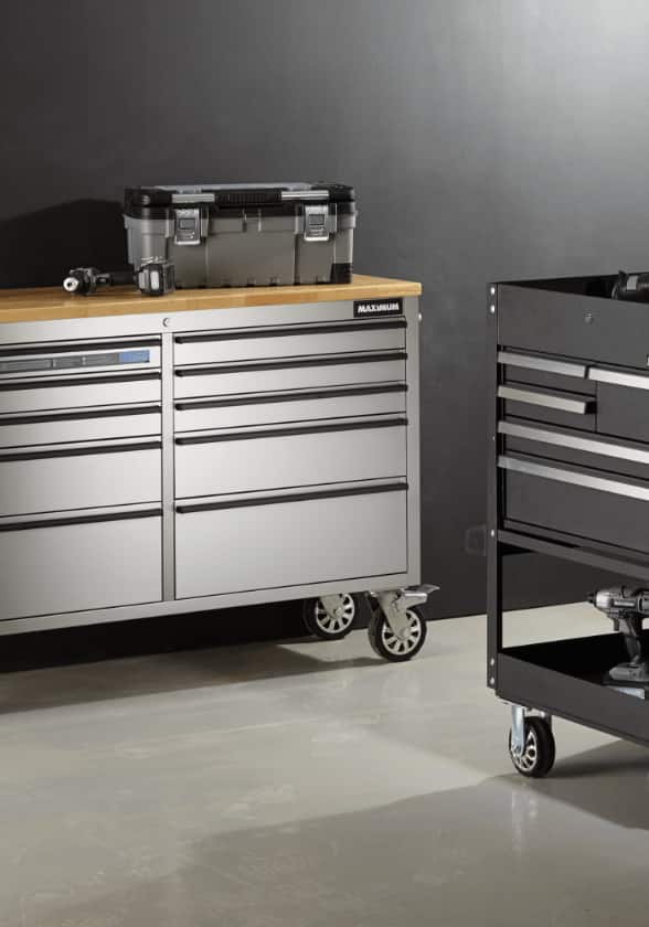 Maximum stainless steel 10-drawer cabinet and black 15-drawer cabinet.