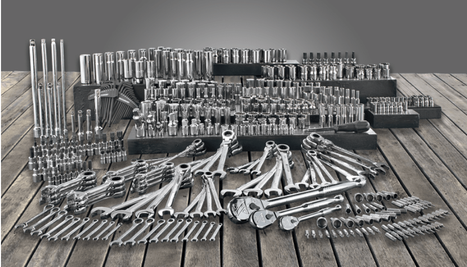 Socket sets and wrench sets on display on wooden floor