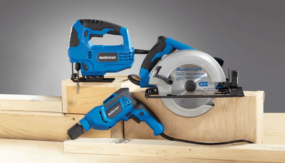 Mastercraft drill, power saw and jigsaw on a wooden display