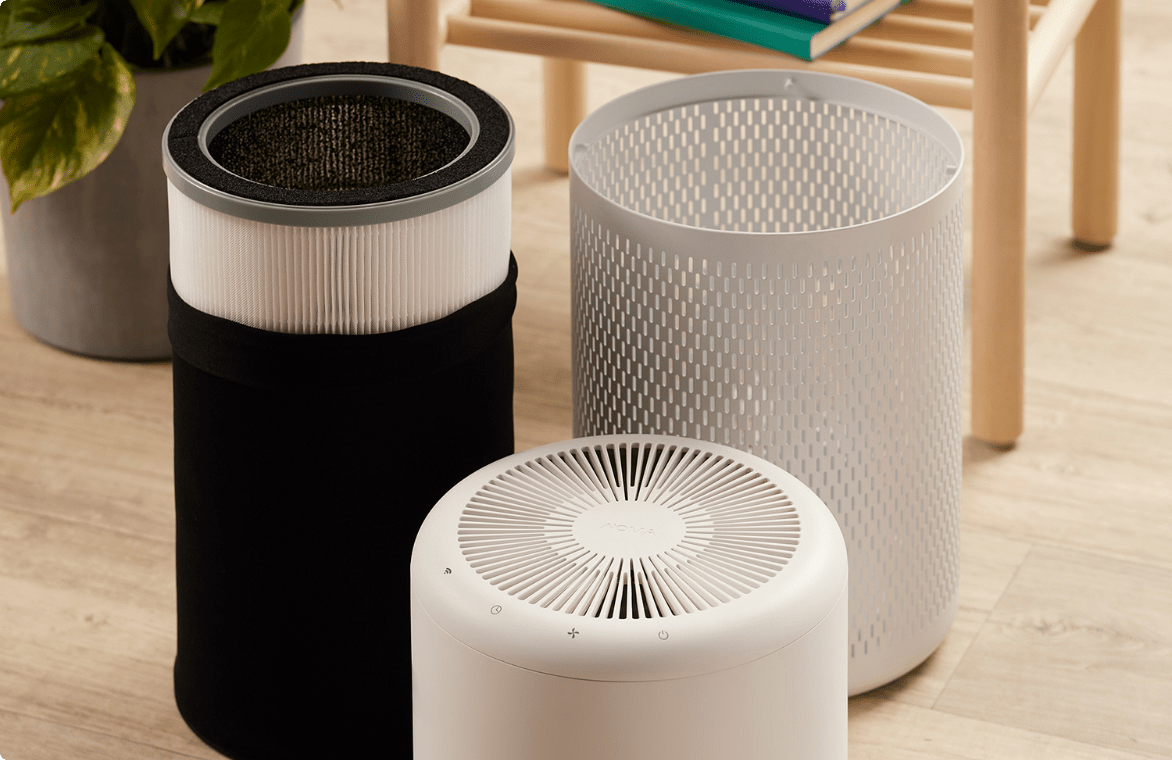 Two NOMA iQ air purifiers set on a living room floor