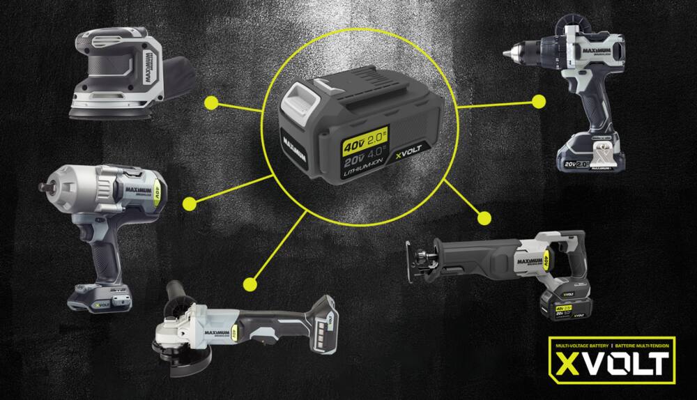 Une plateforme de batteries XVOLT au centre de l'image, avec des lignes jaunes la reliant à divers articles MAXIMUM qui lui sont compatibles, comme une perceuse et d'autres outils électriques.