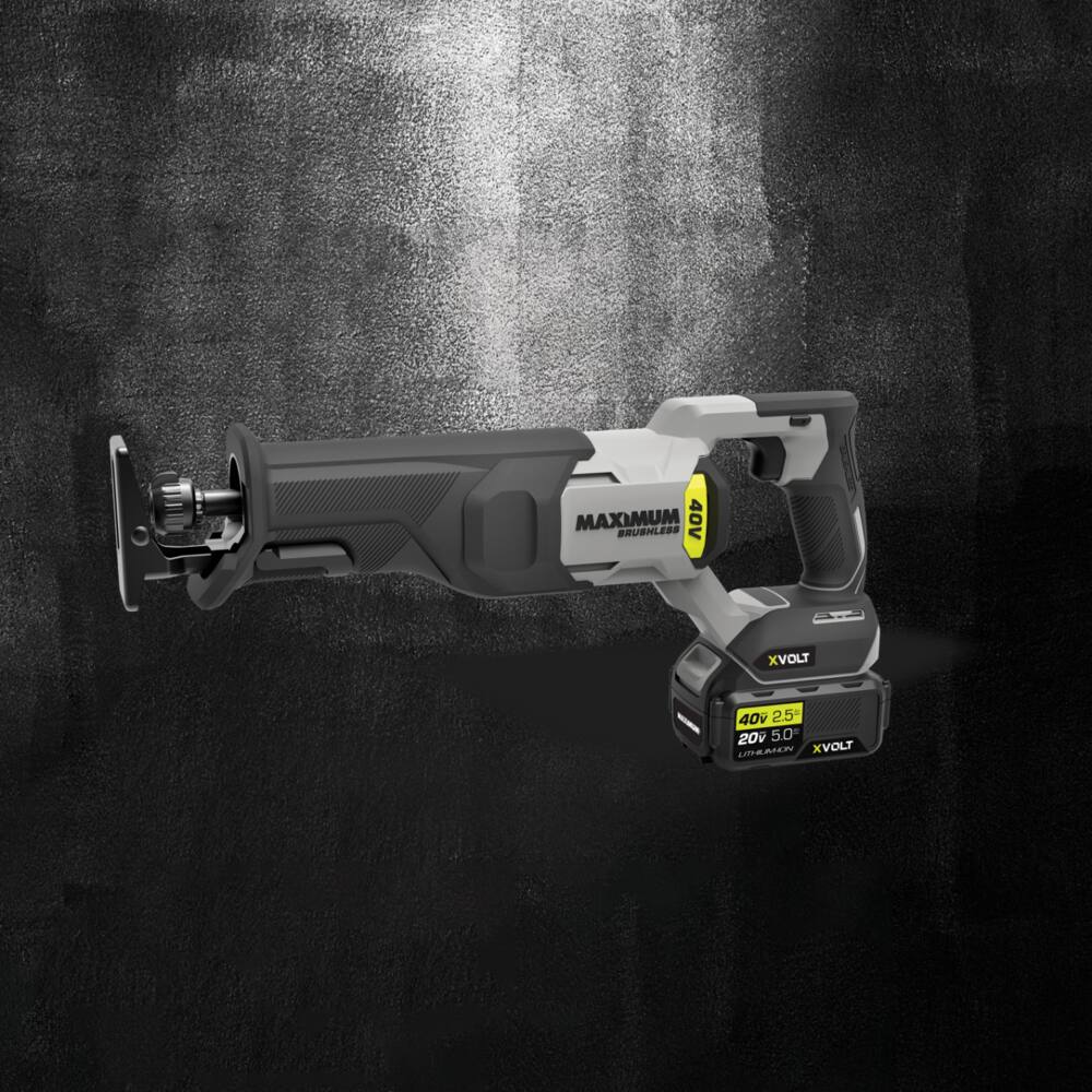 Single MAXIMUM 40 Volt Brushless Cordless Reciprocating Saw set against a dark grey and black background. 