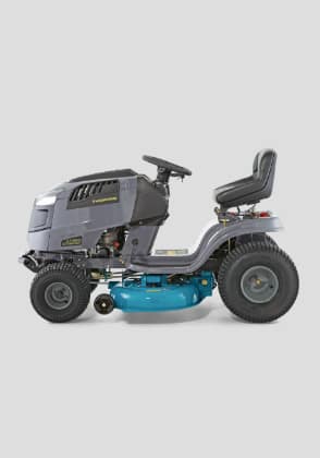 Grey lawn tractor with blue underneath.