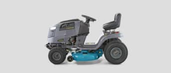 Grey lawn tractor with blue underneath.